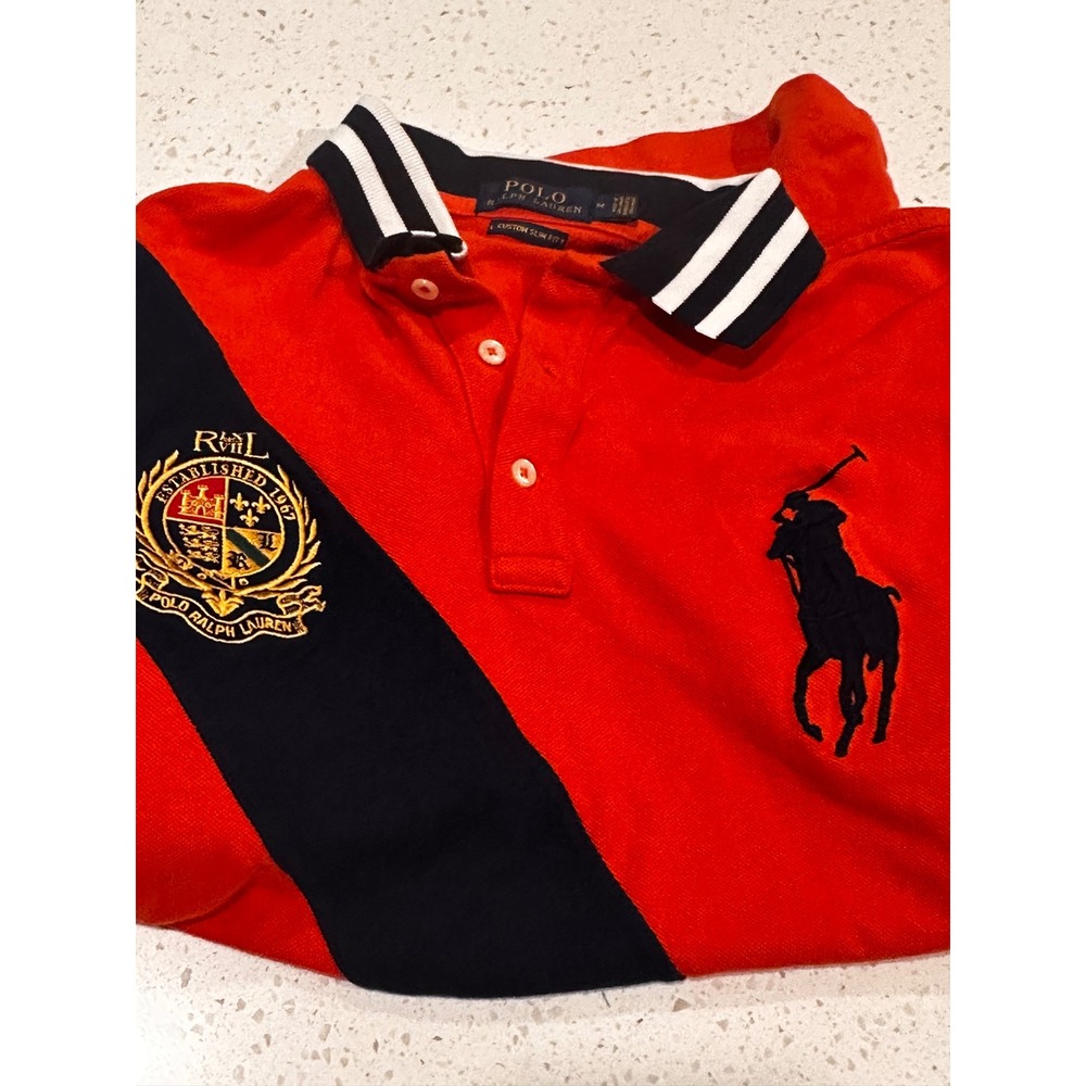 Polo Ralph Lauren Mens Orange Navy Sash Big Pony Crest Polo Shirt Medium M